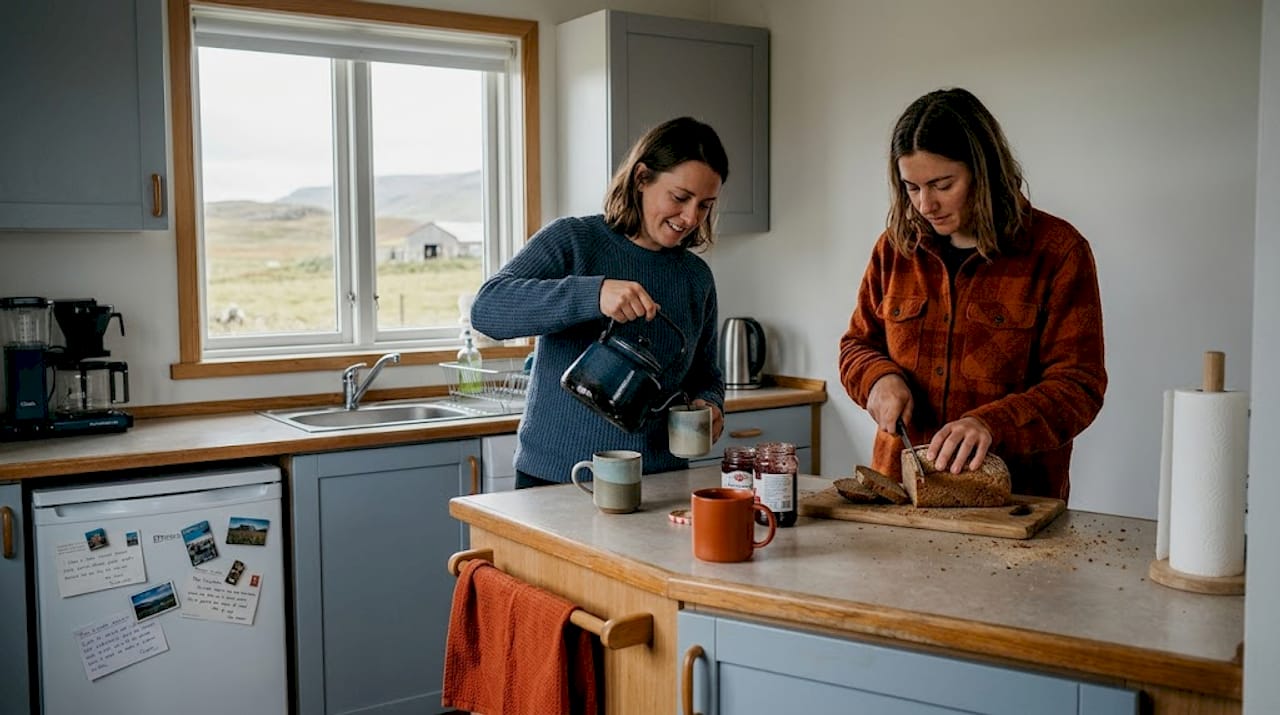 Travelers making breakfast in Iceland guesthouse kitchen