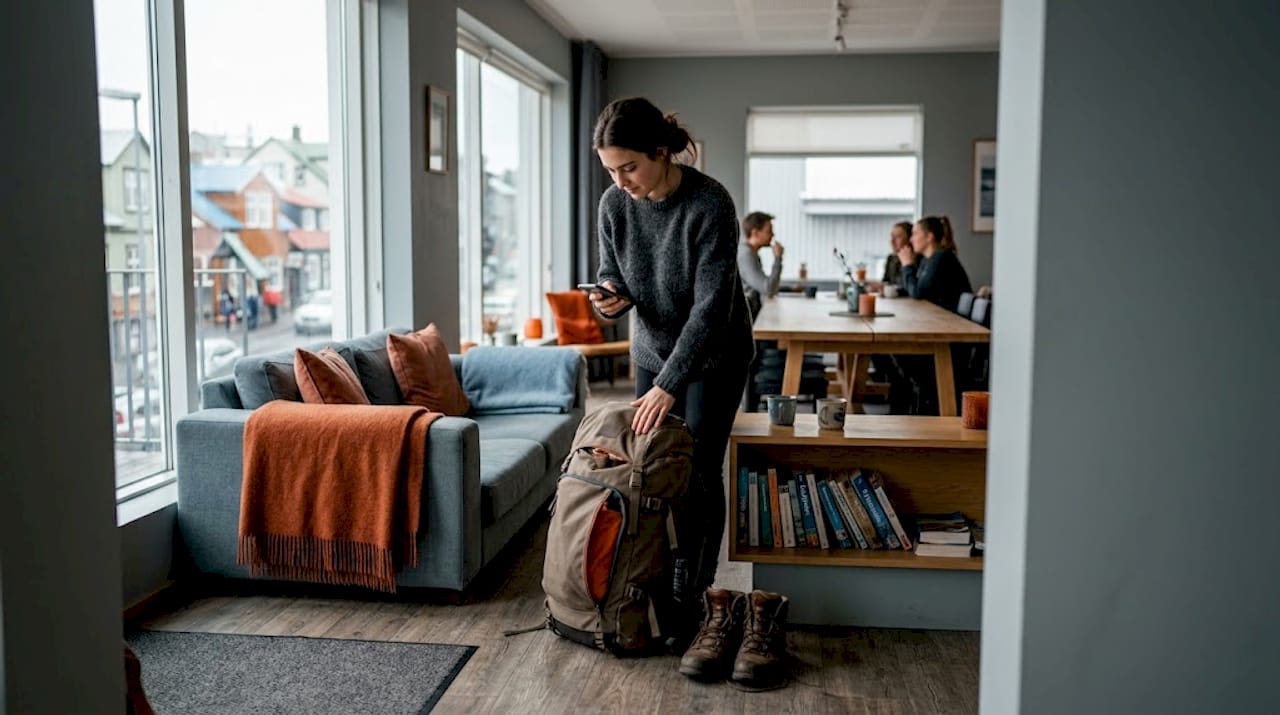Traveler entering Icelandic hostel communal lounge