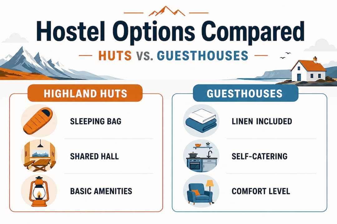 Infographic comparing huts and guesthouses in Iceland