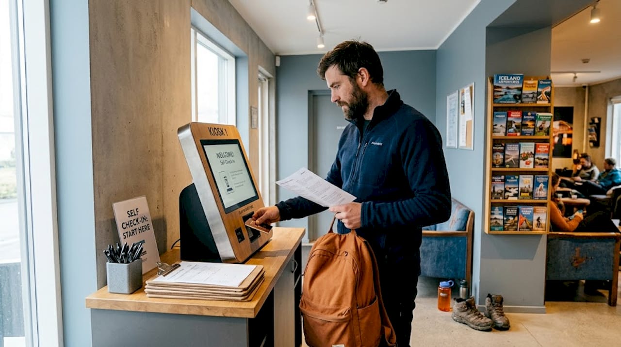 Traveler uses self-check-in kiosk at hostel