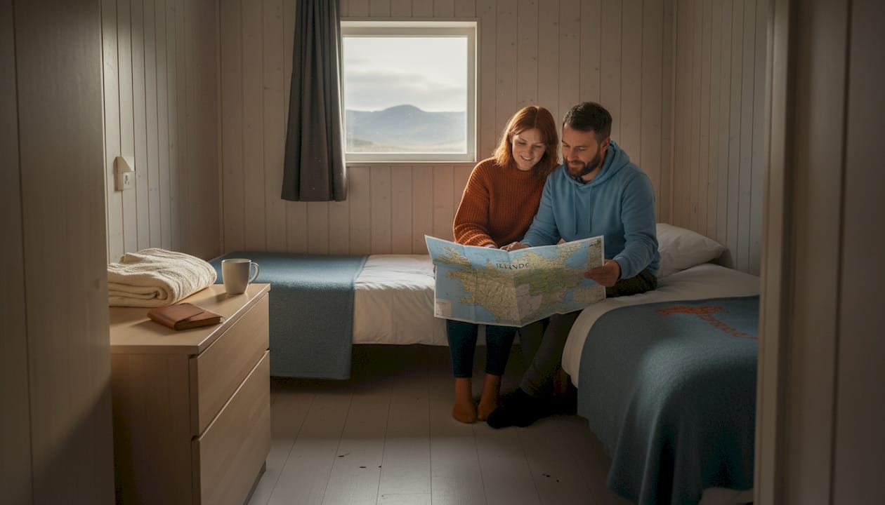 Un couple installé dans une auberge en Islande prépare son itinéraire pour explorer le pays.