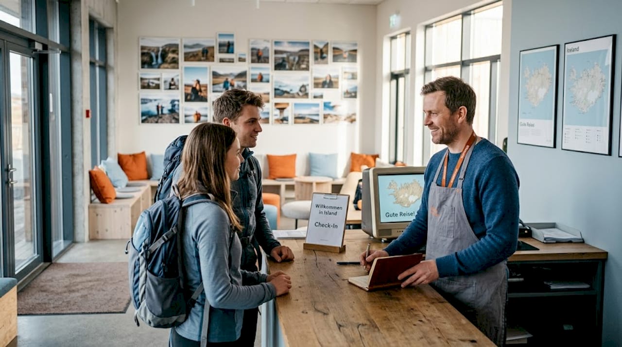 Der Hostelmanager heißt die ankommenden Gäste herzlich an der Rezeption willkommen.