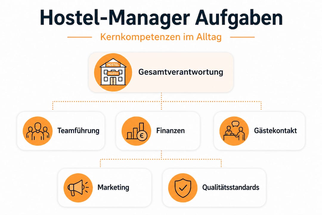 Eine Infografik veranschaulicht die verschiedenen Aufgabenbereiche von Hostelmanagern und deren Rangordnung.