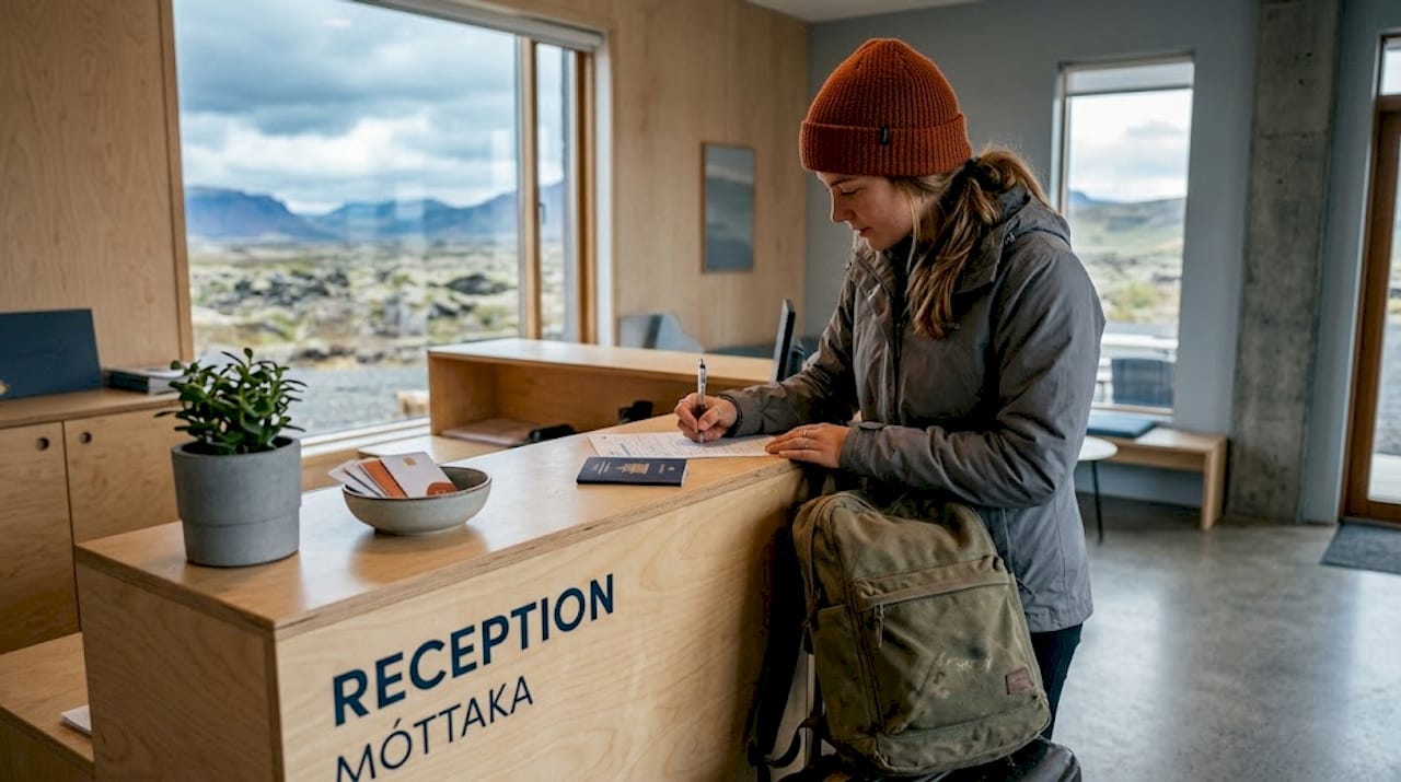 Una donna si registra presso un ostello in Islanda