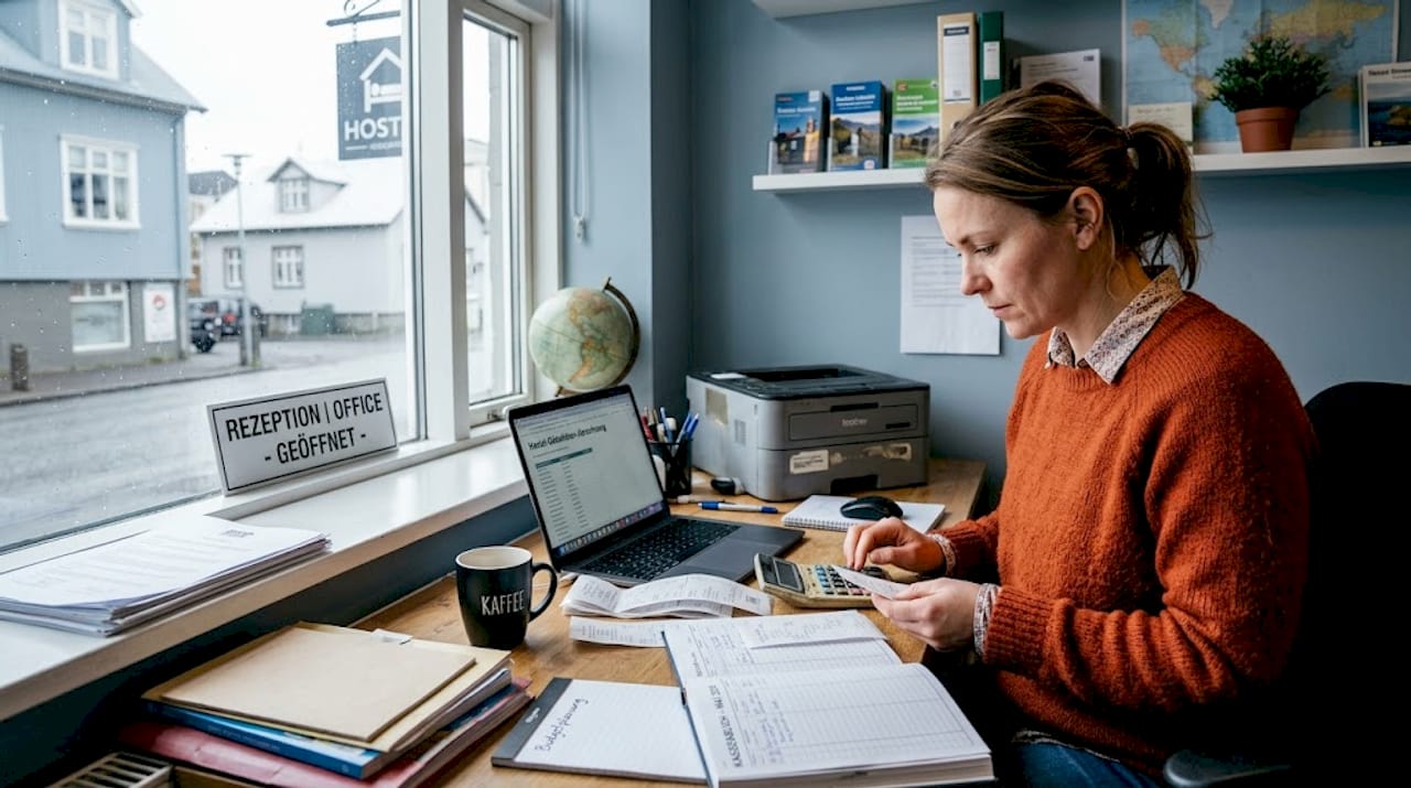 Die Hostelmanagerin kümmert sich am Schreibtisch um die Budgetplanung.