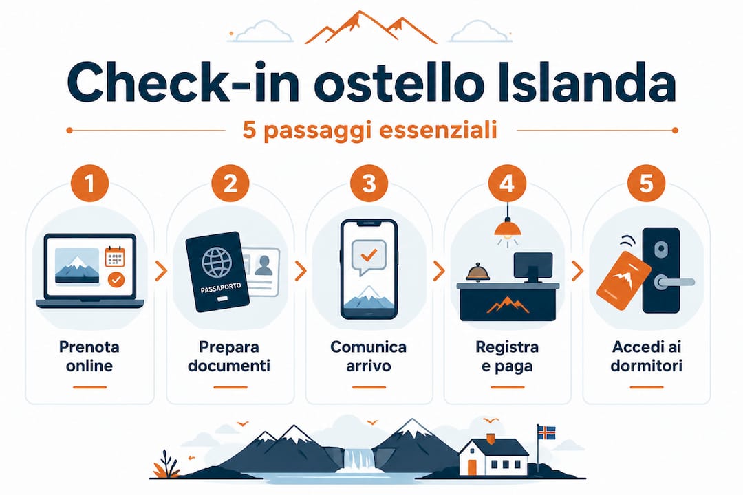 Infografica: le 5 tappe fondamentali per il check-in in ostello in Islanda