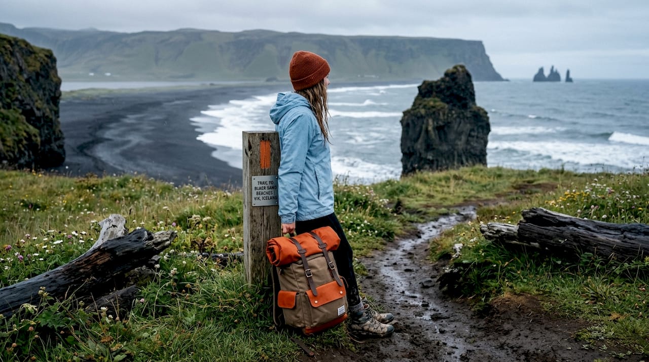 Hiker overlooking Vík black sand beach