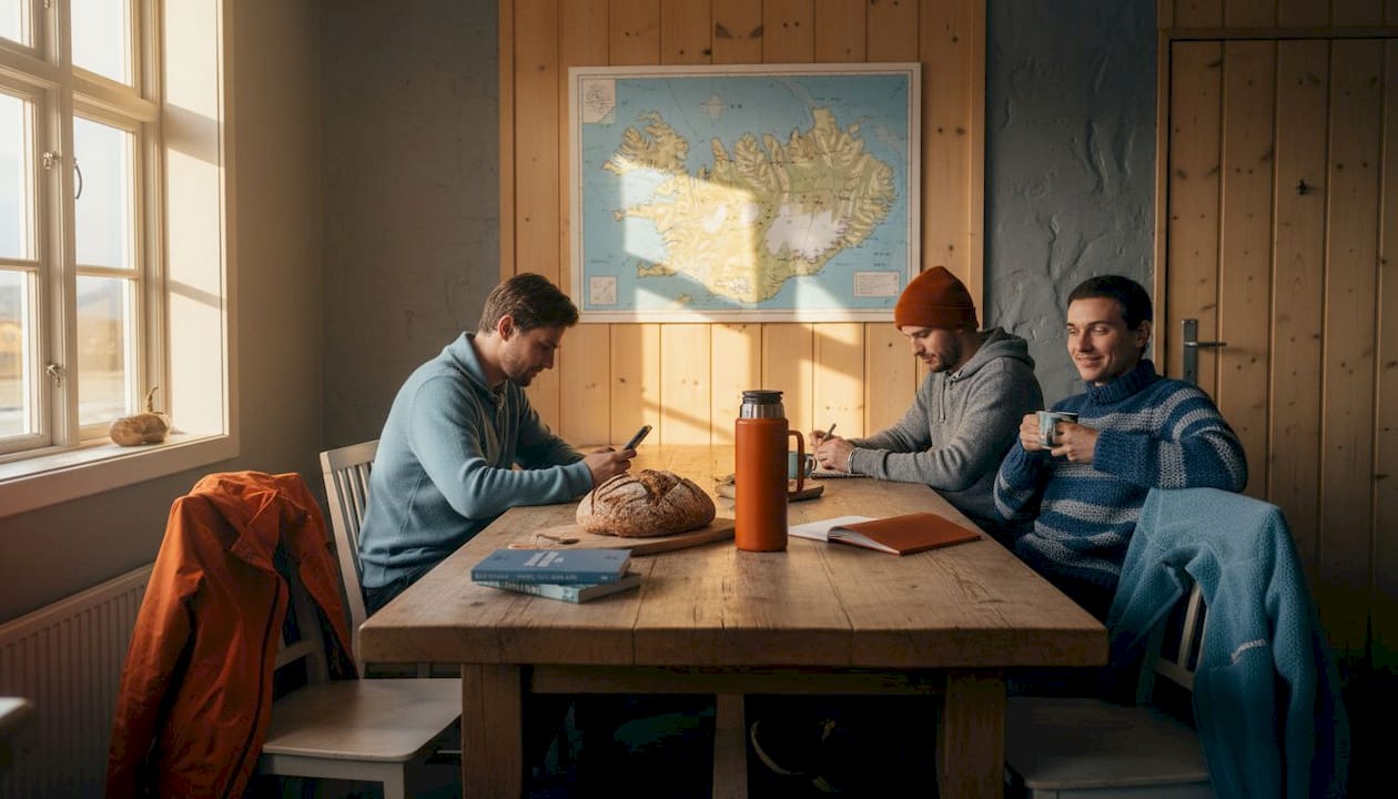 Travelers socializing in Icelandic hostel