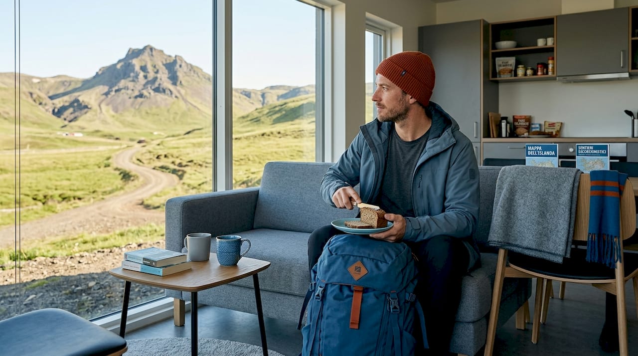 Un viaggiatore solitario si prepara uno spuntino nella cucina dell’ostello in Islanda.