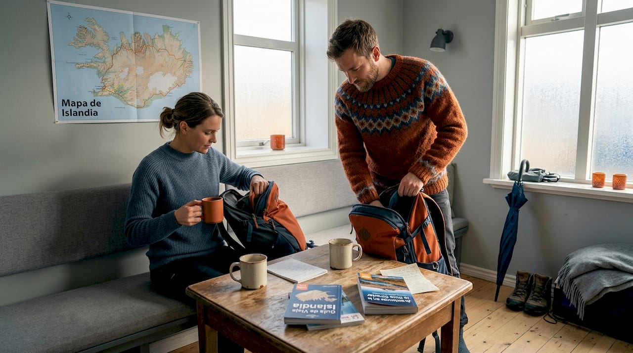 Viajeros acomodando sus cosas en la sala común de un albergue en Islandia.