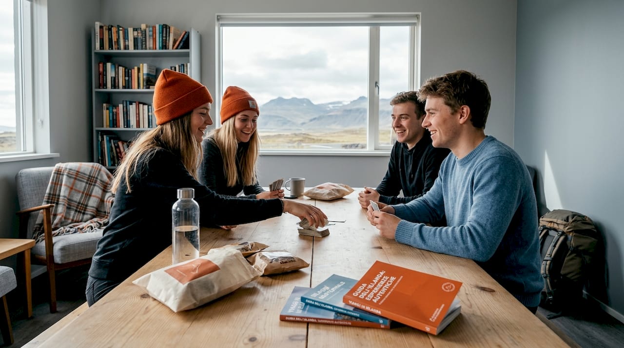 Gli ospiti dell’ostello islandese si divertono insieme nell’area comune, tra giochi e nuove amicizie.