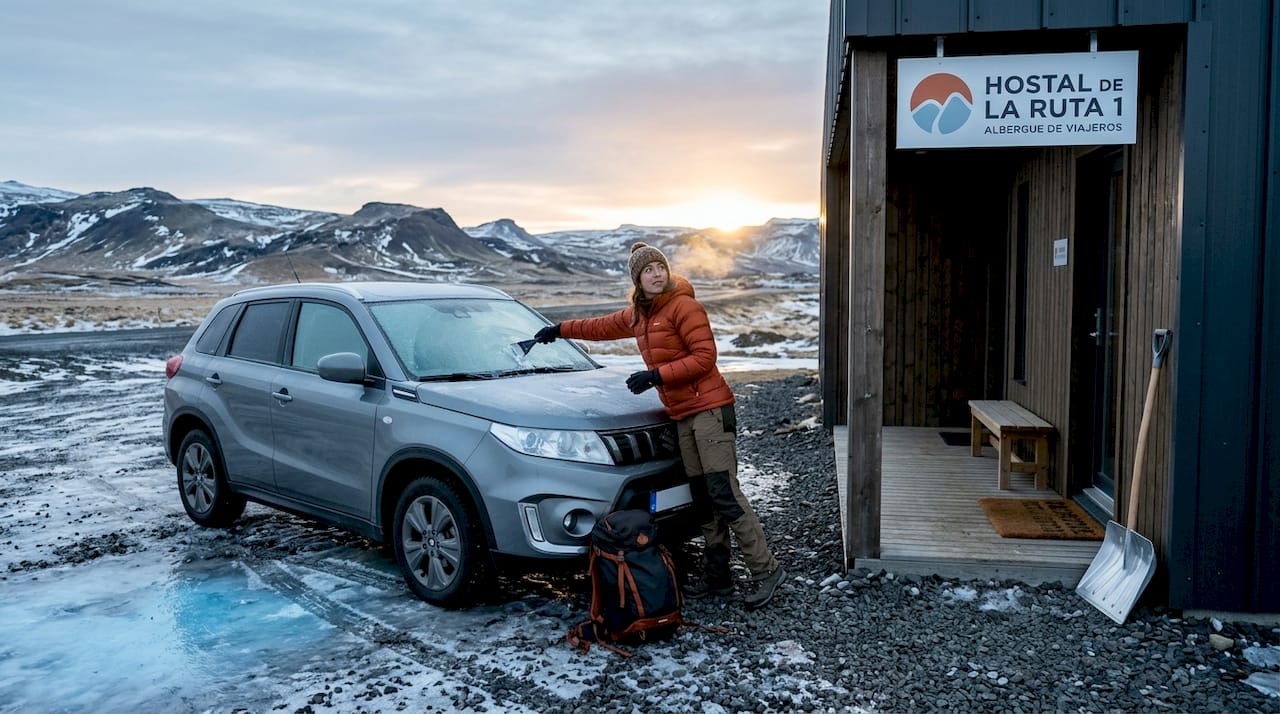 Un viajero quitando la escarcha frente a un albergue cerca de la Ring Road.