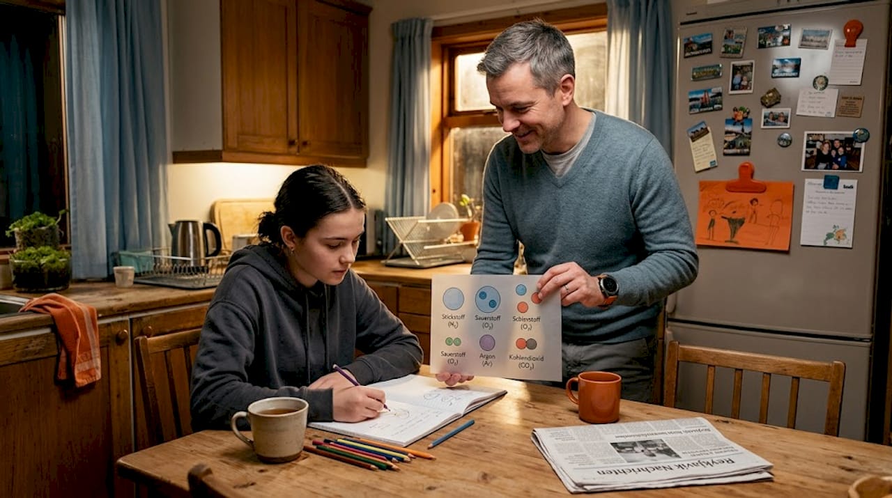 Ein Vater zeigt seinem Kind auf einem Blatt Papier, wie die Farben des Nordlichts durch verschiedene Gase entstehen.