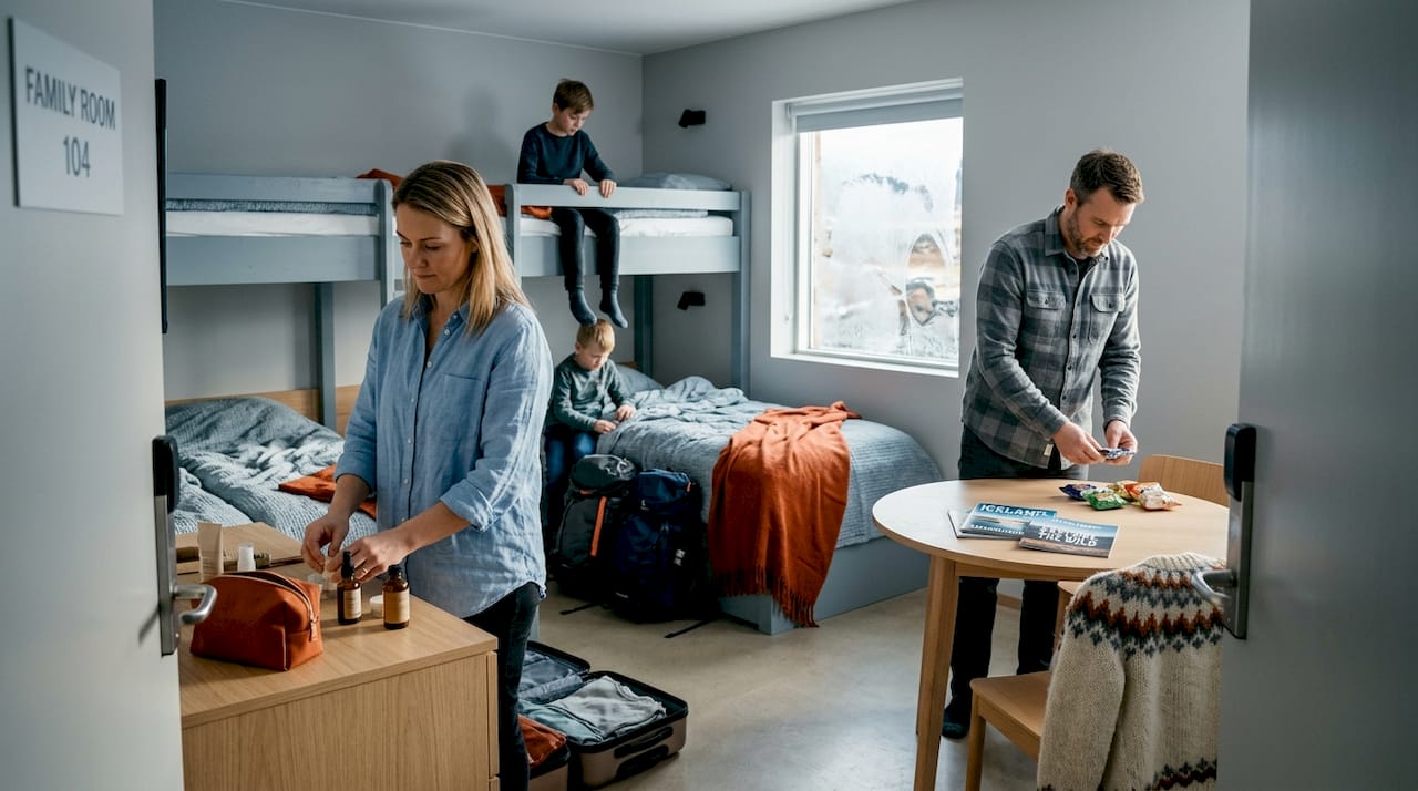 Family unpacking inside Iceland hostel family room
