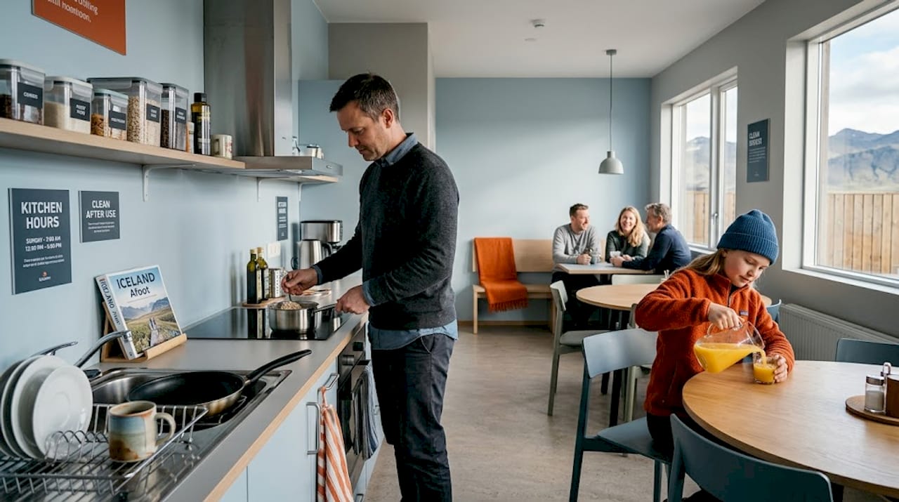 Families using hostel communal kitchen for breakfast