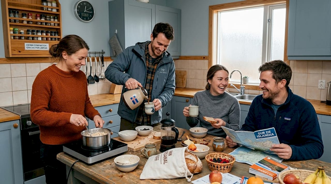 Viajeros compartiendo el desayuno en la cocina del hostal