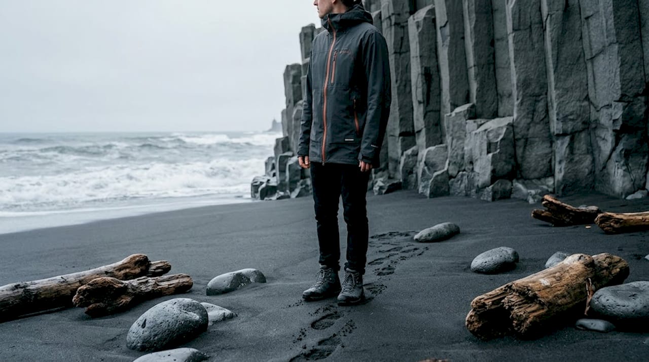 Viajero recorriendo la playa de arena negra de Reynisfjara