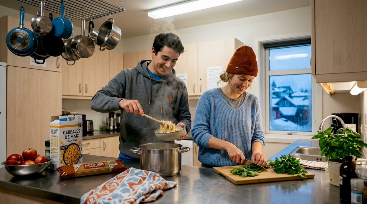 Viajeros preparando su comida juntos en la cocina compartida del hostal