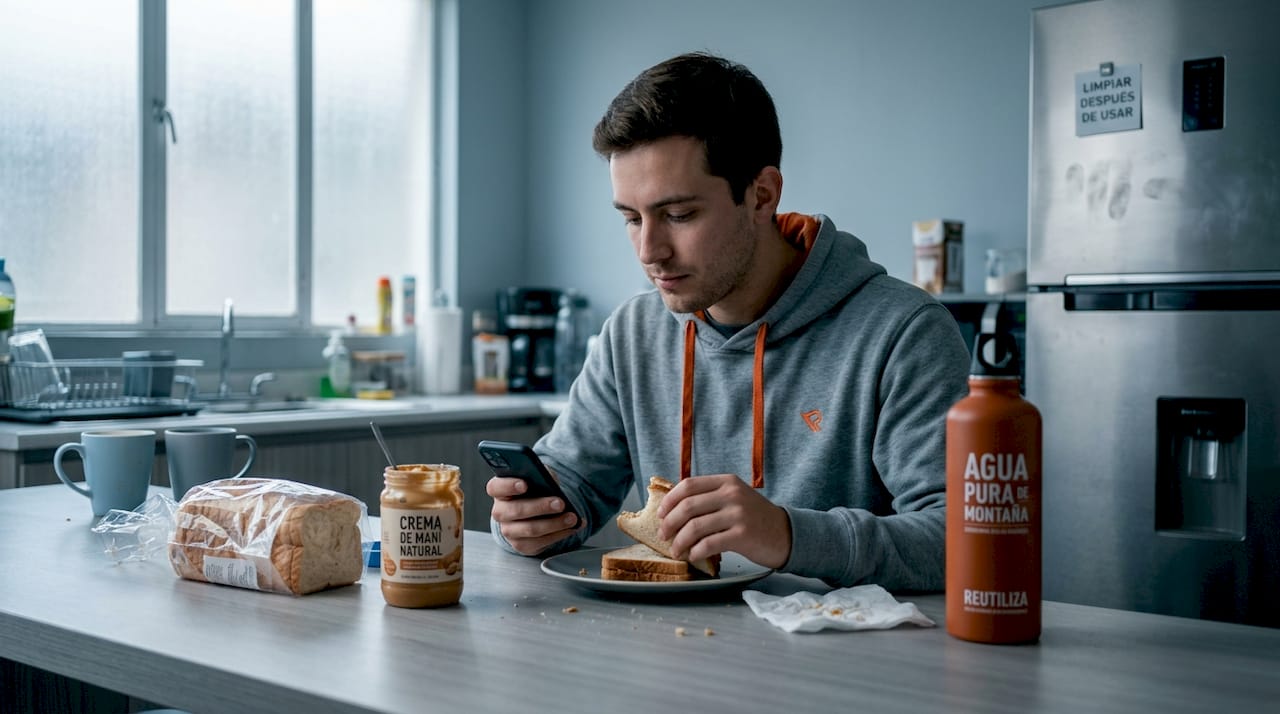 Un huésped del hostal prepara una comida económica en la cocina compartida.