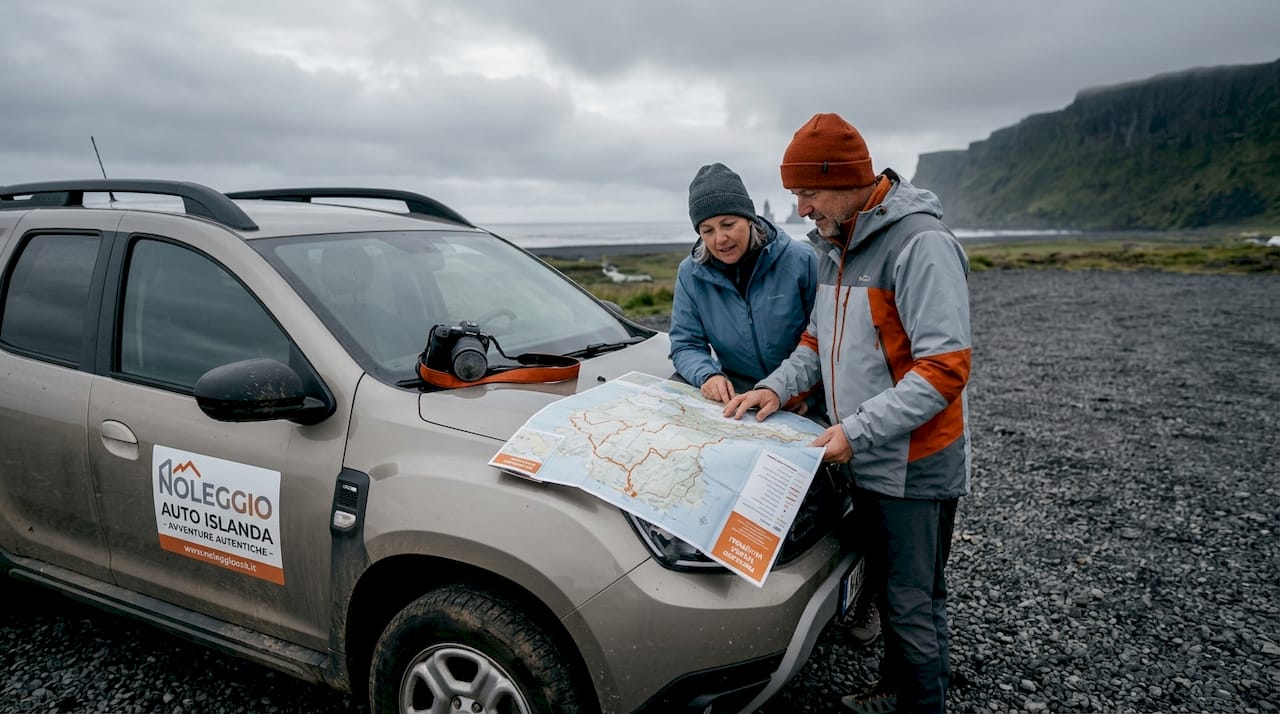 Coppia che organizza un viaggio on the road nei dintorni di Vík, in Islanda
