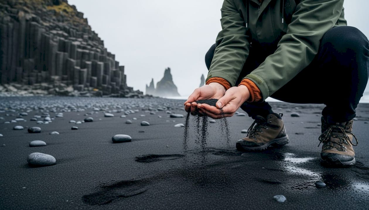 Una persona osserva da vicino la sabbia nera della spiaggia di Reynisfjara.