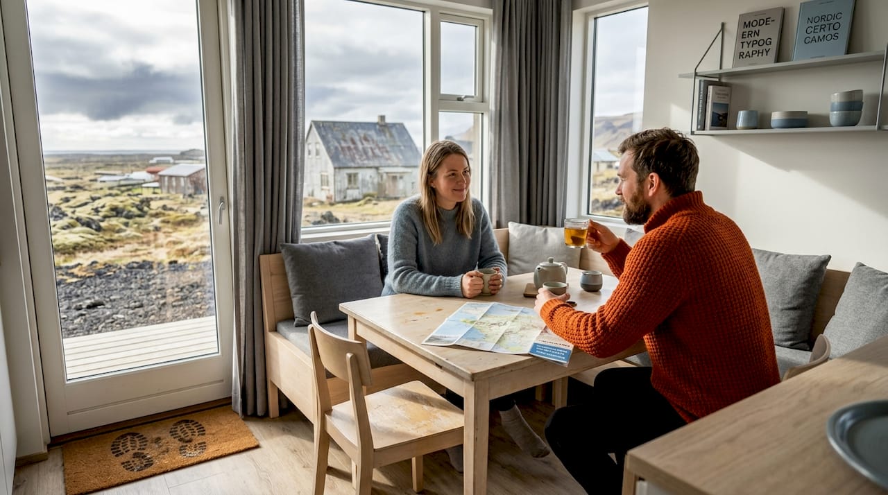 Ein Paar genießt eine Tasse Tee in seiner Ferienwohnung und blickt dabei auf das malerische Vík.