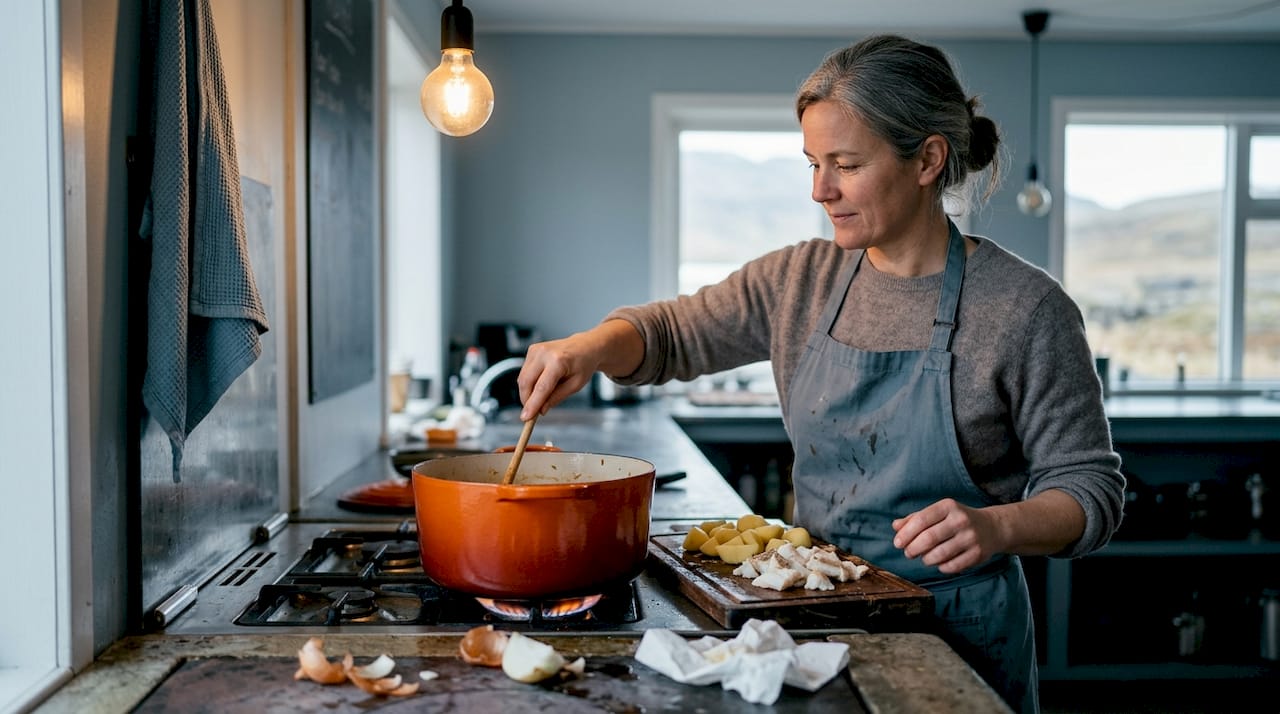 Atelier convivial de préparation du plokkfiskur en cuisine partagée