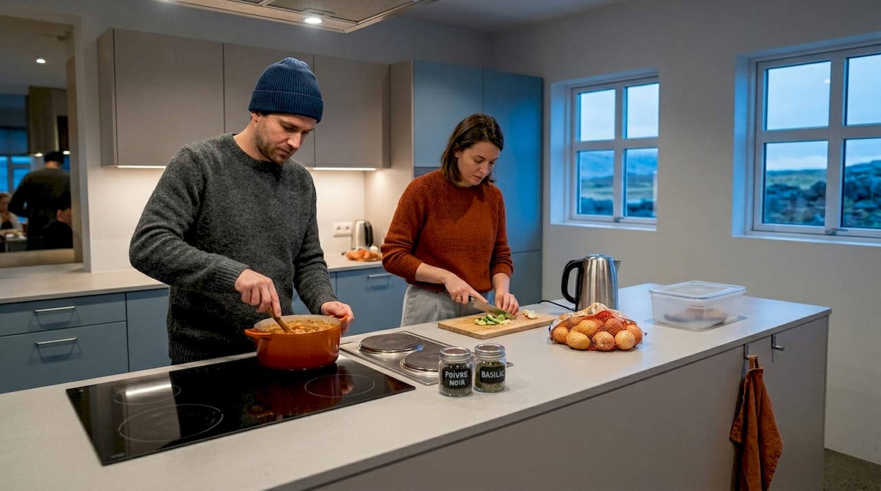 Des voyageurs préparent leur repas ensemble dans la cuisine conviviale d'une auberge en Islande.