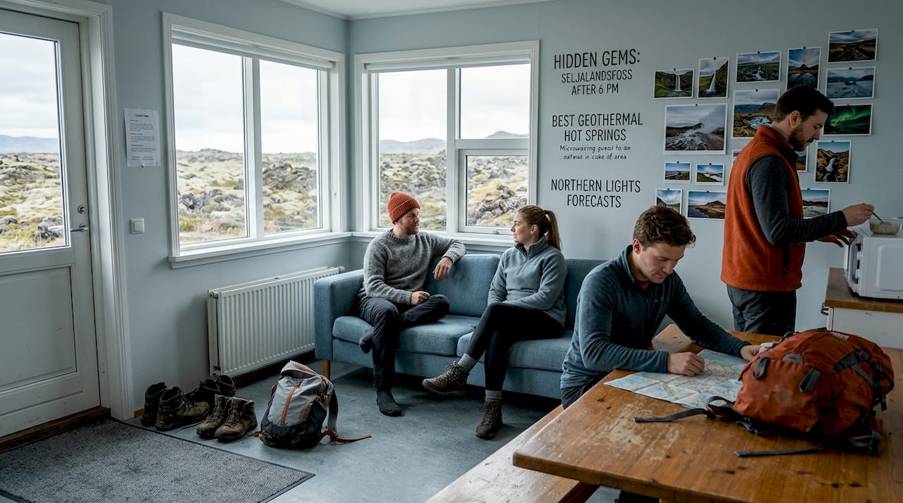 Guests relax and share stories in hostel common room
