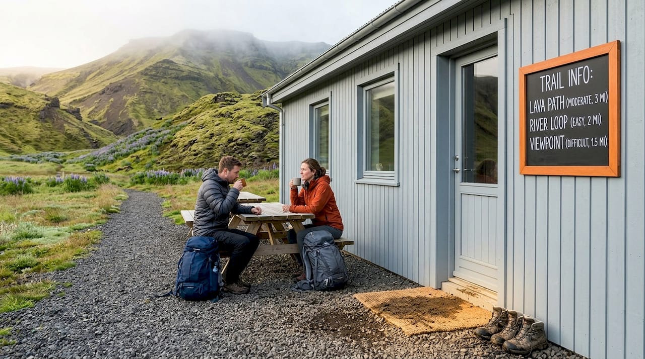 Travelers outside Icelandic hostel at sunrise