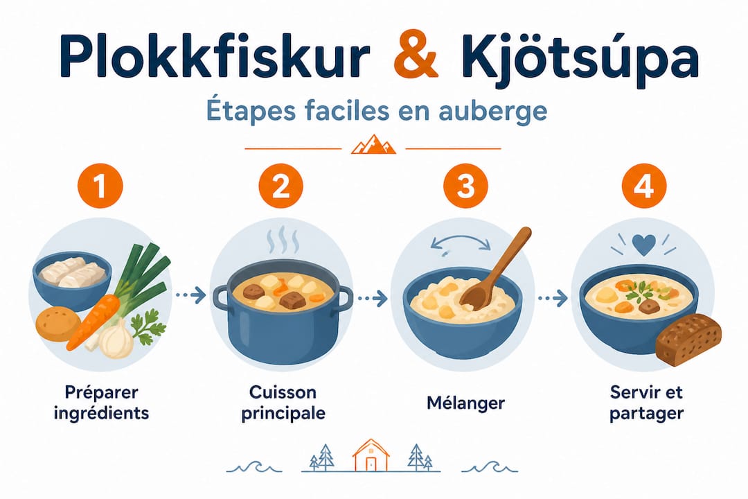 Découvrez en images les différentes étapes de préparation du plokkfiskur et de la kjötsúpa, deux spécialités incontournables servies dans les auberges islandaises.