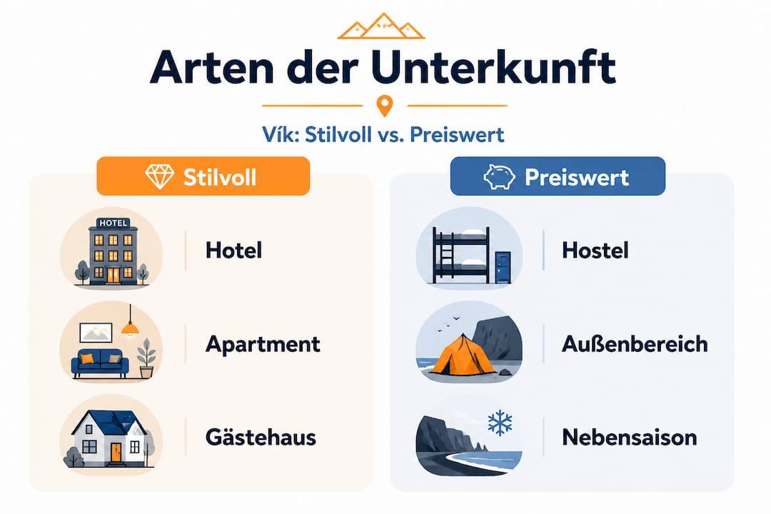 Übersicht: Unterkunftsarten und ihre Vorteile in Vík – Welche Übernachtungsmöglichkeiten gibt es und welche Besonderheiten bieten sie?