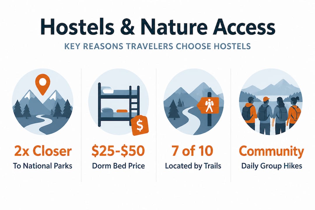 Infographic with hostel access stats and group hike data