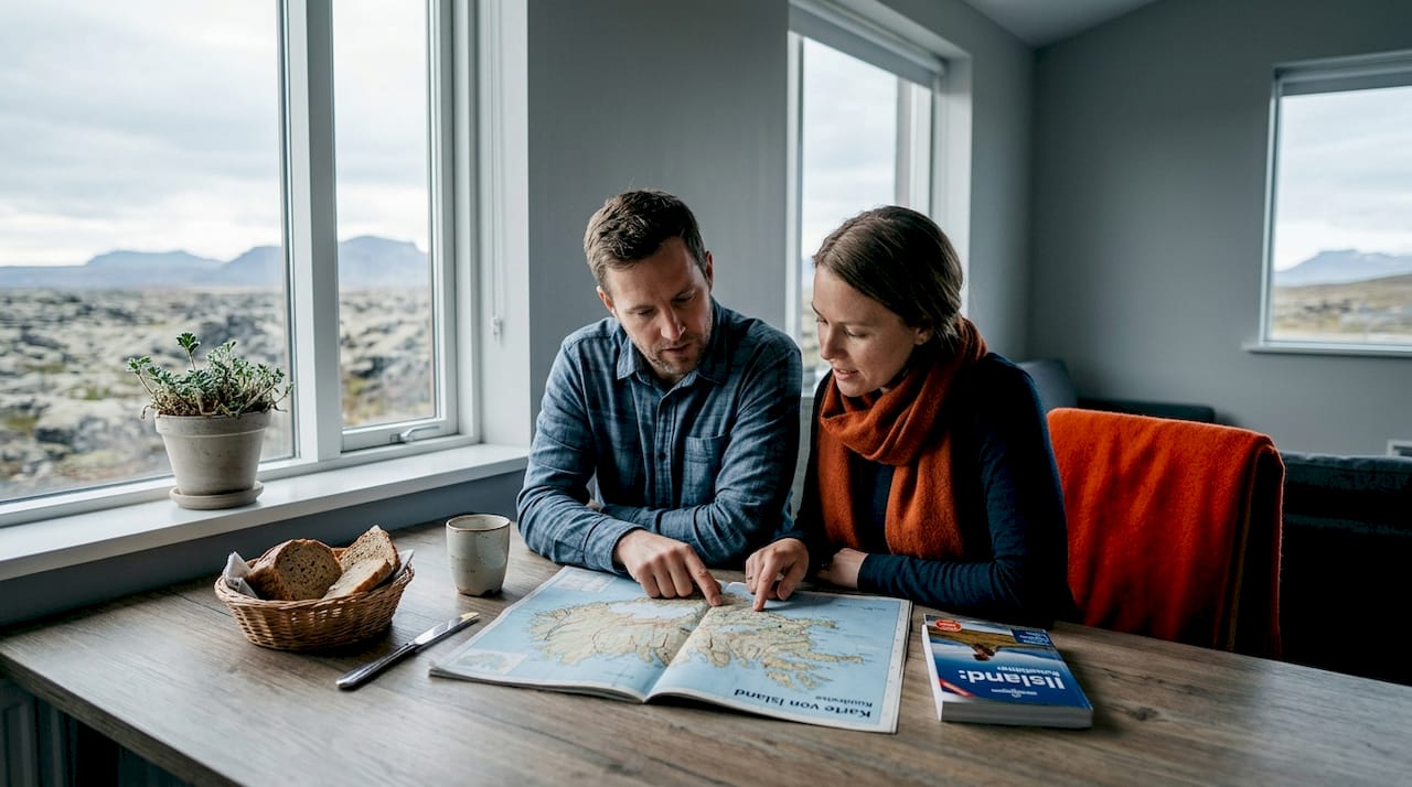 Ein Paar genießt das Frühstück in einer umweltfreundlichen Pension in Island.
