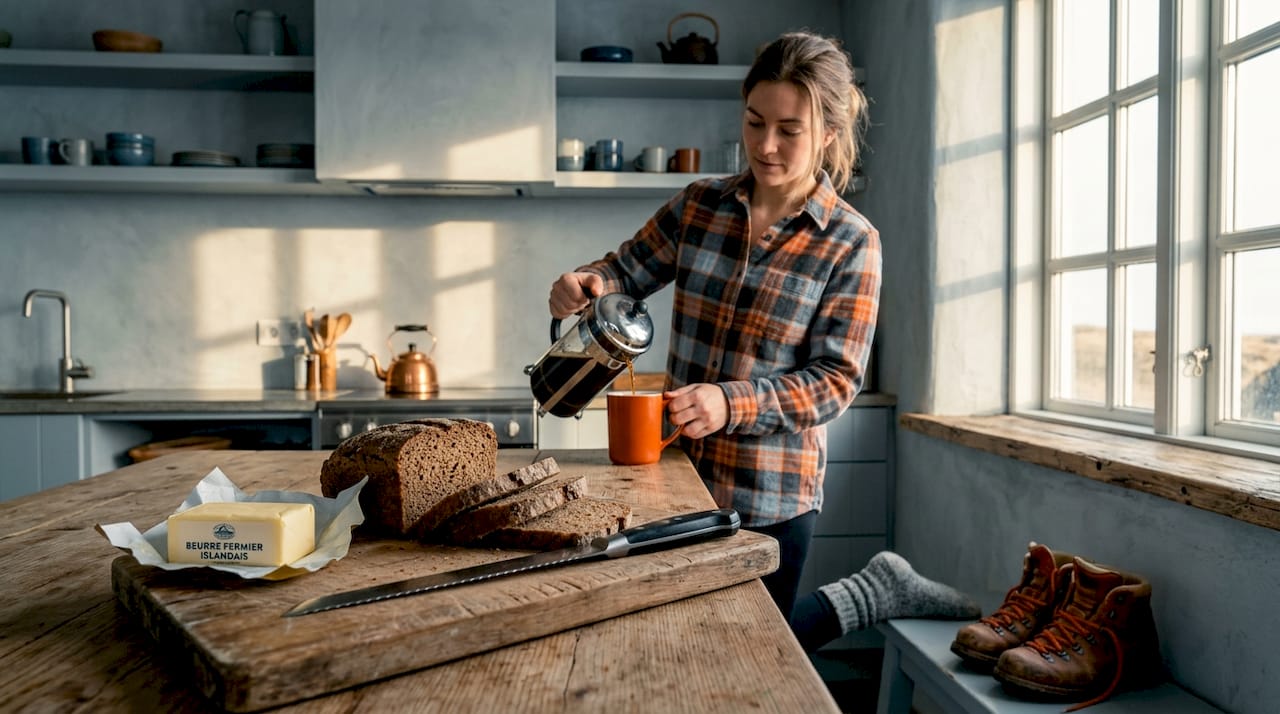 Dans la cuisine rustique d’une auberge de jeunesse, une femme prépare son café.