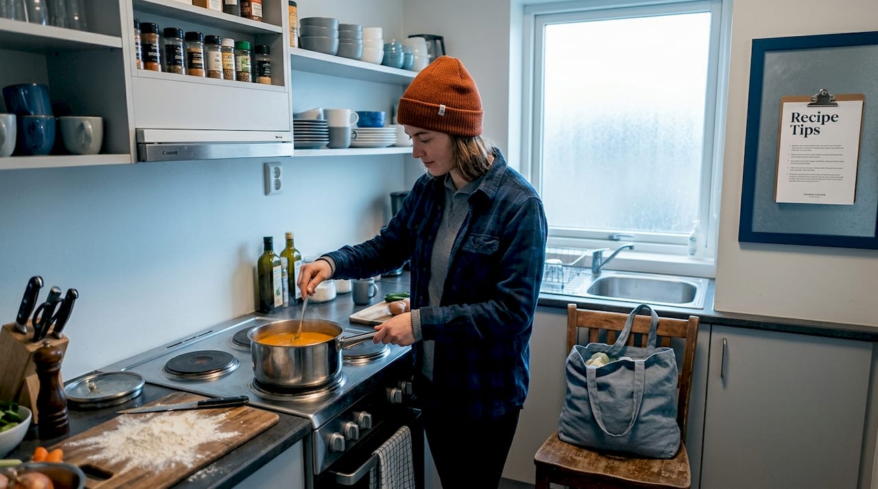 Traveler cooking in hostel kitchen Iceland