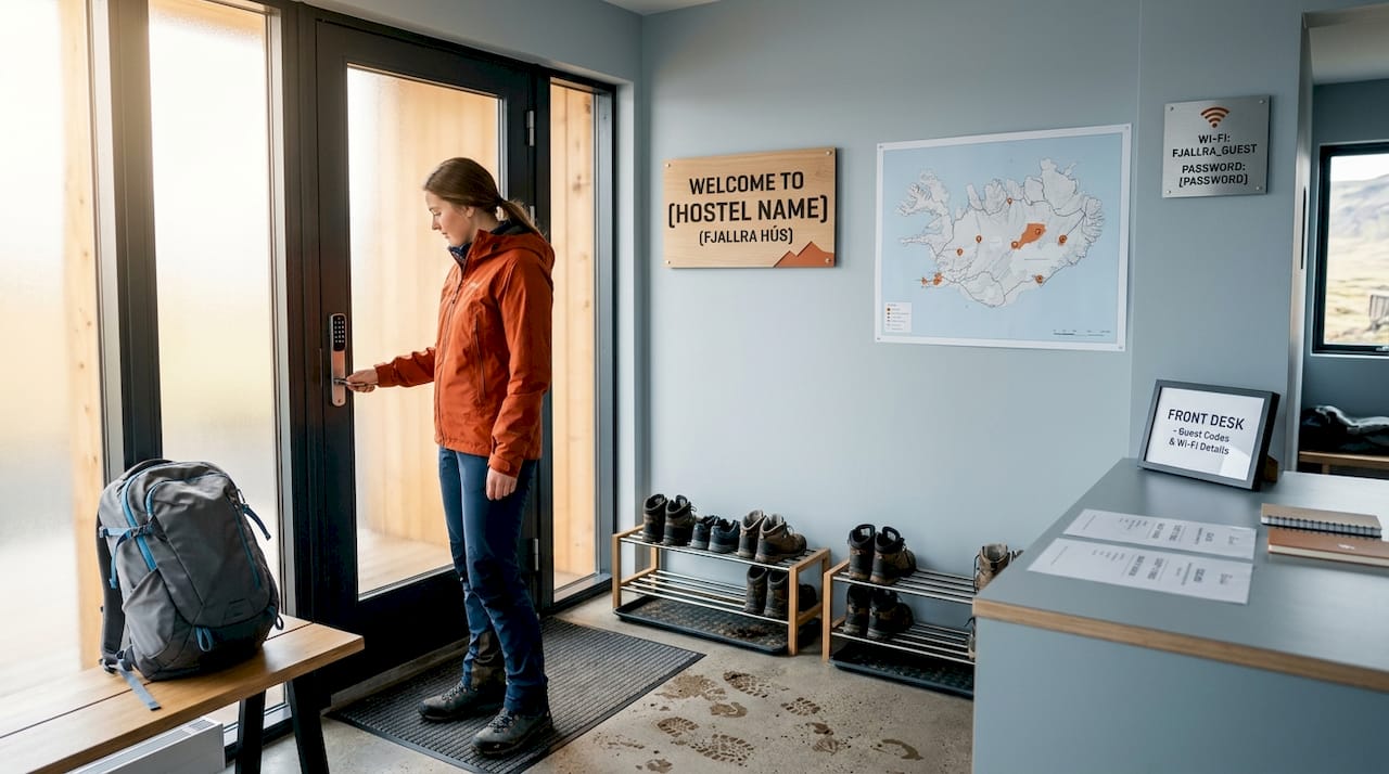 Traveler entering Iceland self-service hostel