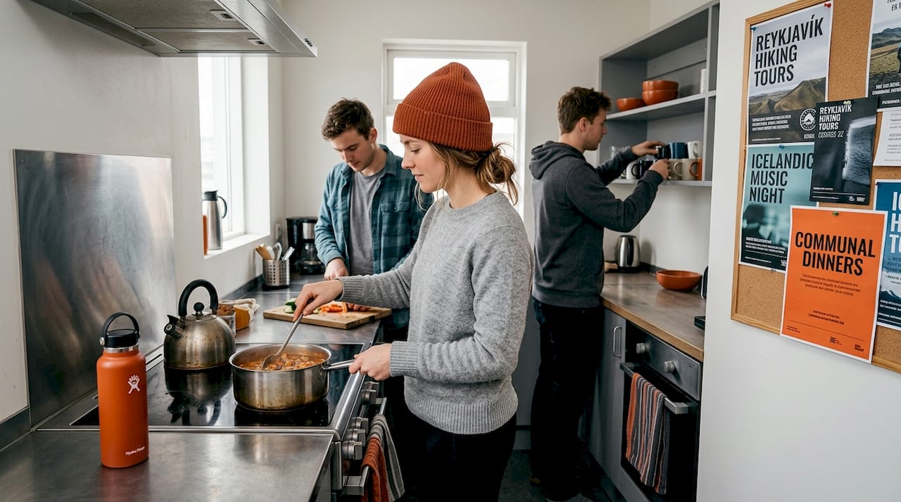 Travelers cooking together in hostel kitchen