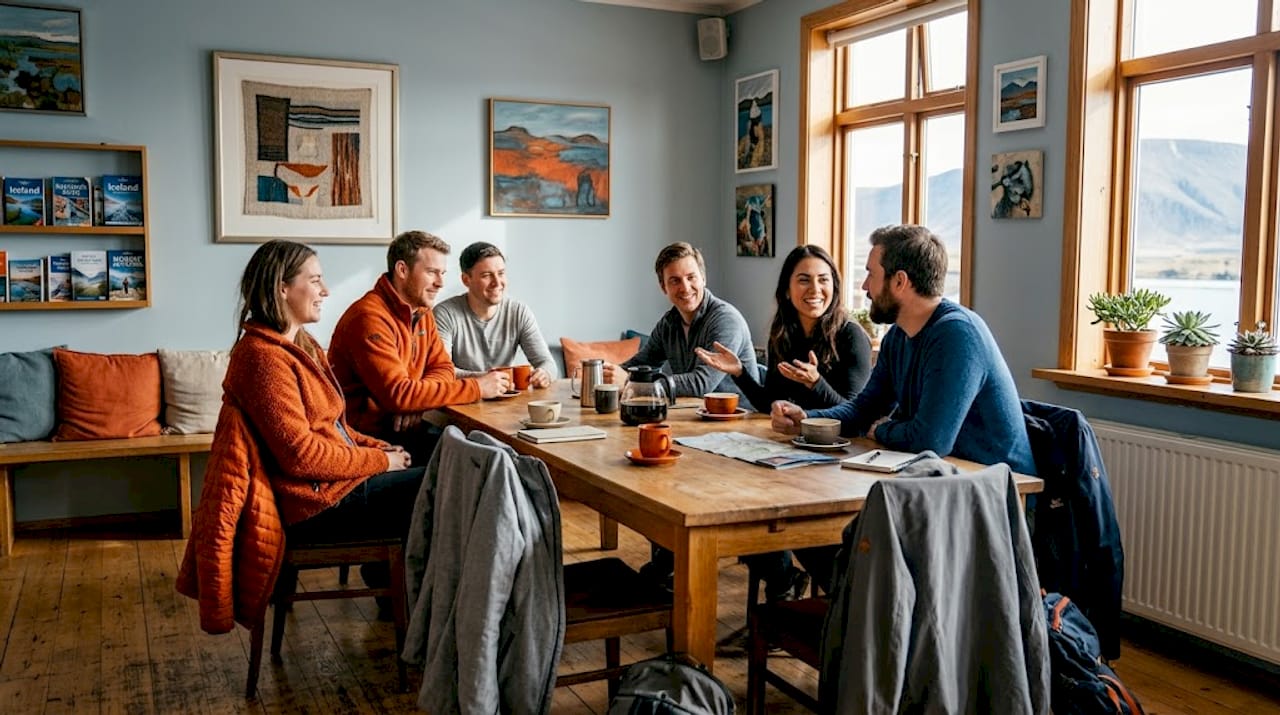 Travelers socializing in a boutique hostel lounge