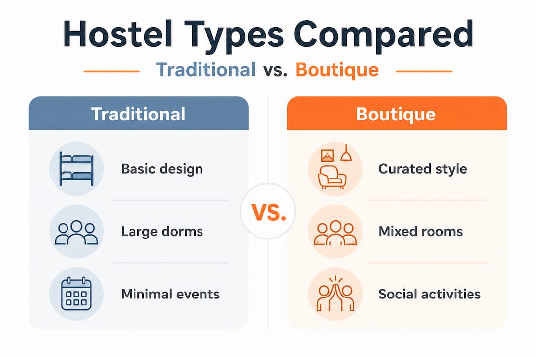 Infographic comparing boutique and traditional hostels