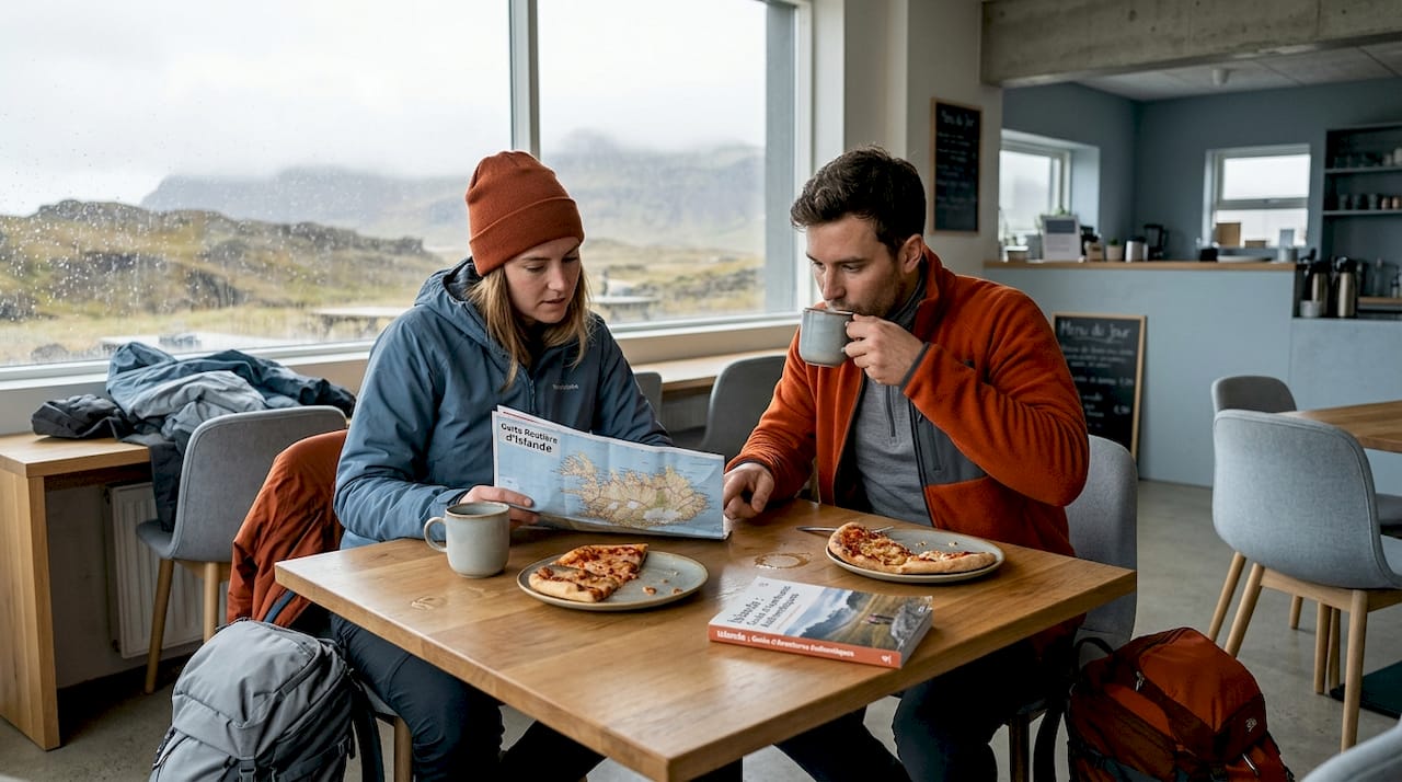 Dans le salon de l’auberge, des amis discutent de leur prochain voyage autour d’une pizza.