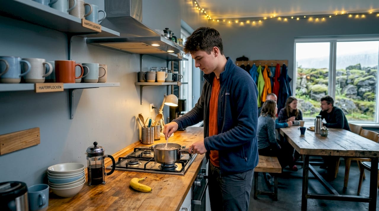 Reisende nutzen die Gemeinschaftsküche im Hostel in Island, um gemeinsam zu kochen und sich auszutauschen.