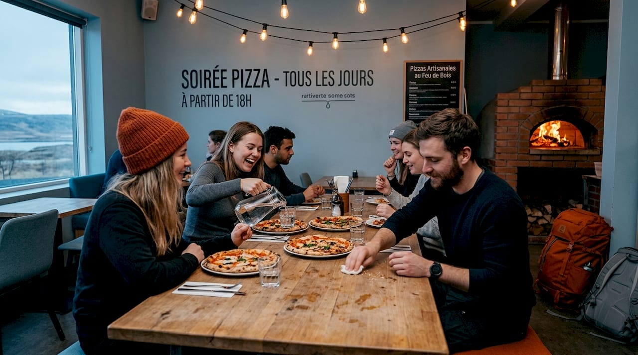 Autour d’une grande table dans la salle commune de l’auberge, des voyageurs venus des quatre coins du monde partagent une pizza et échangent leurs anecdotes de route.