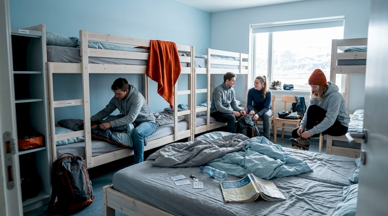 Un grupo de viajeros conversando animadamente en la habitación compartida de un hostal.