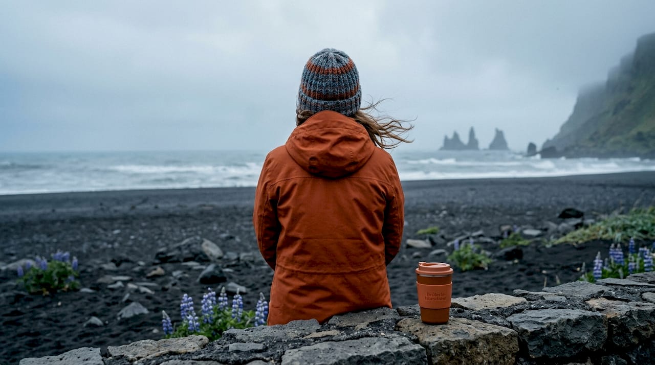 Sur la plage de sable noir de Vík, une femme contemple l’horizon, fascinée par l’immensité de la mer.
