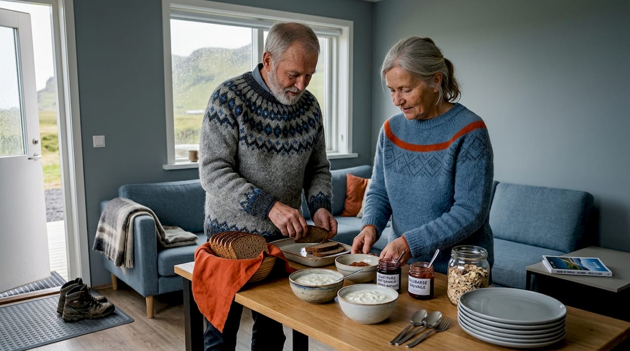 Un couple de seniors prépare le petit-déjeuner dans une maison d’hôtes à Vík.
