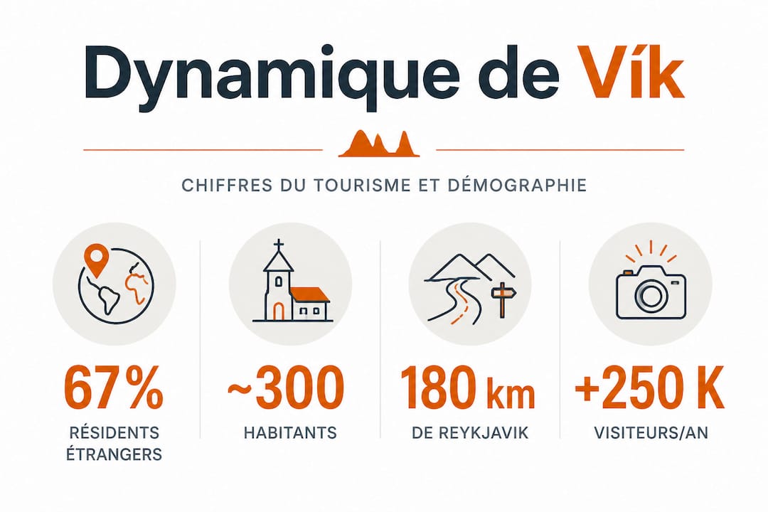Cette infographie met en lumière les chiffres clés du tourisme et de la démographie à Vík.