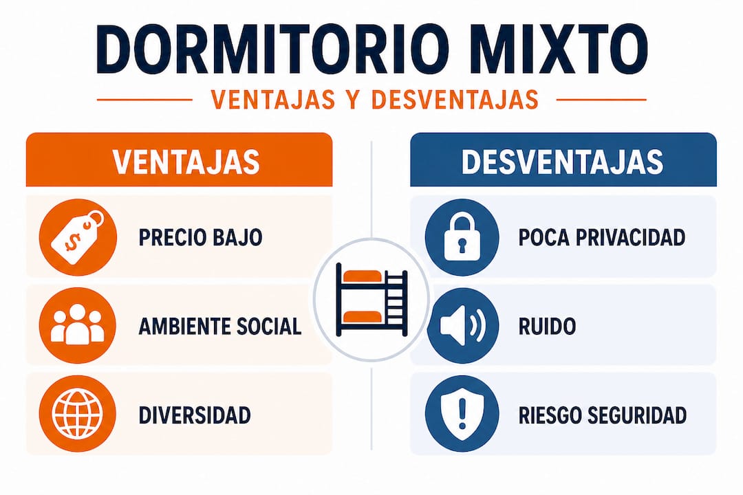 Descubre en esta infografía las ventajas y desventajas de alojarte en dormitorios compartidos de hostales.
