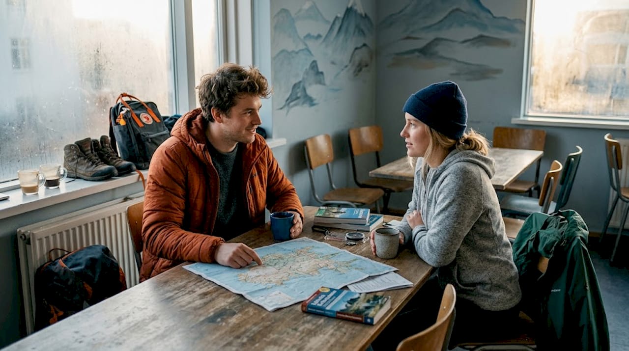 Travelers chatting in Iceland hostel common room