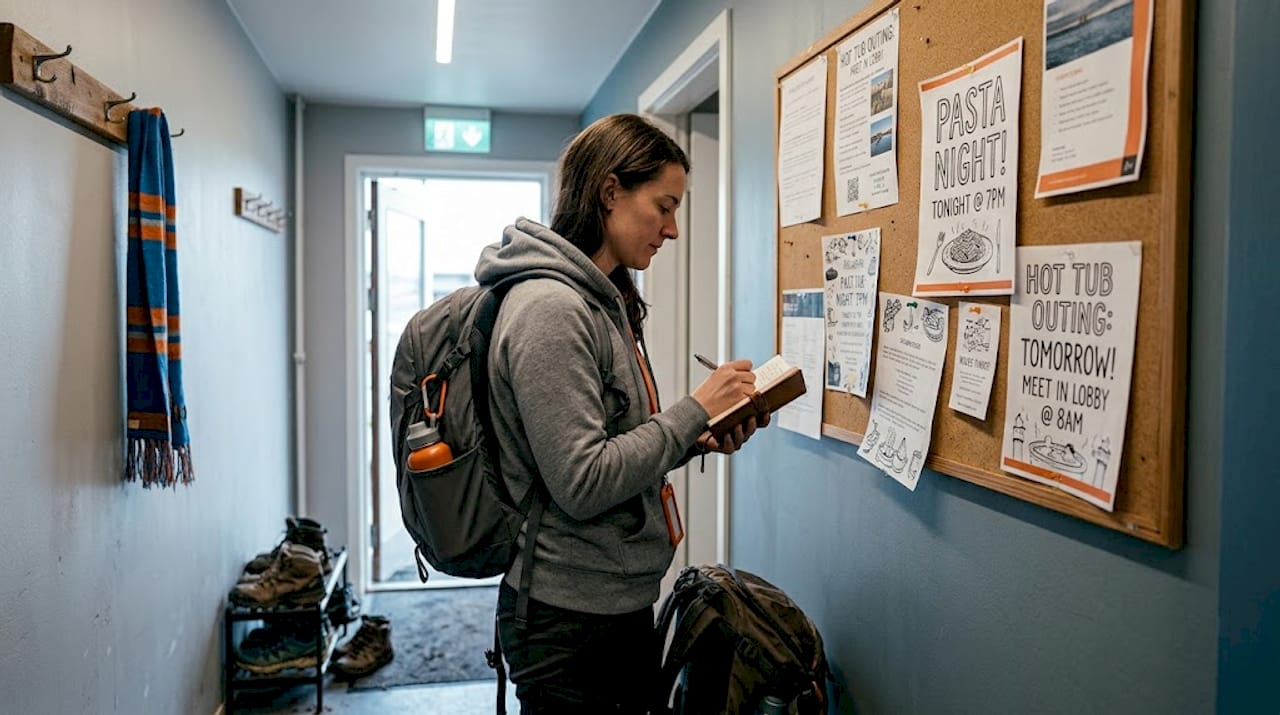 Solo traveler checking hostel event board